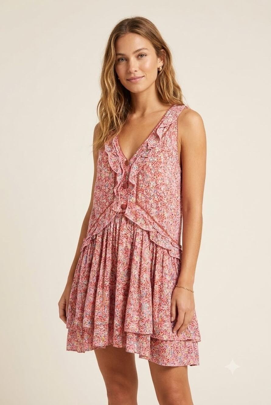 Poupette St Barth Mae V Neck Mini Dress in Pink Floral Medium